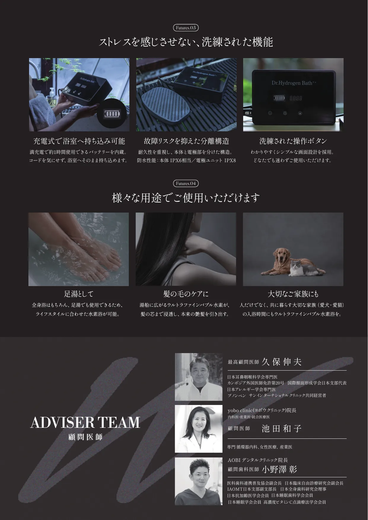 入浴シーンの実写真、ウルトラファインバブルの図解、機能説明、足湯・ヘアケア・ペットの用途写真、顧問医師団3名の写真