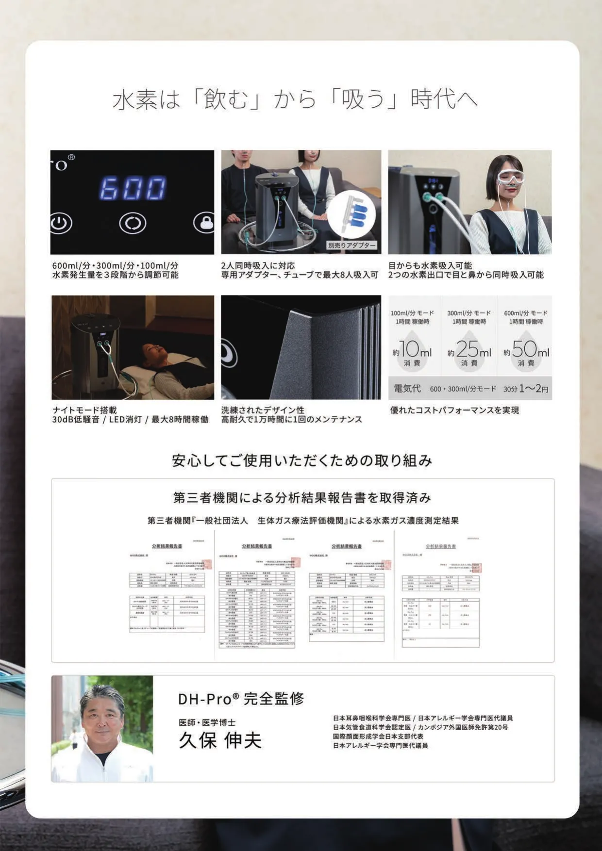 DH-Pro®使用シーン3点、第三者機関分析結果報告書4点の実スキャン画像、医師監修者 久保伸夫氏の写真