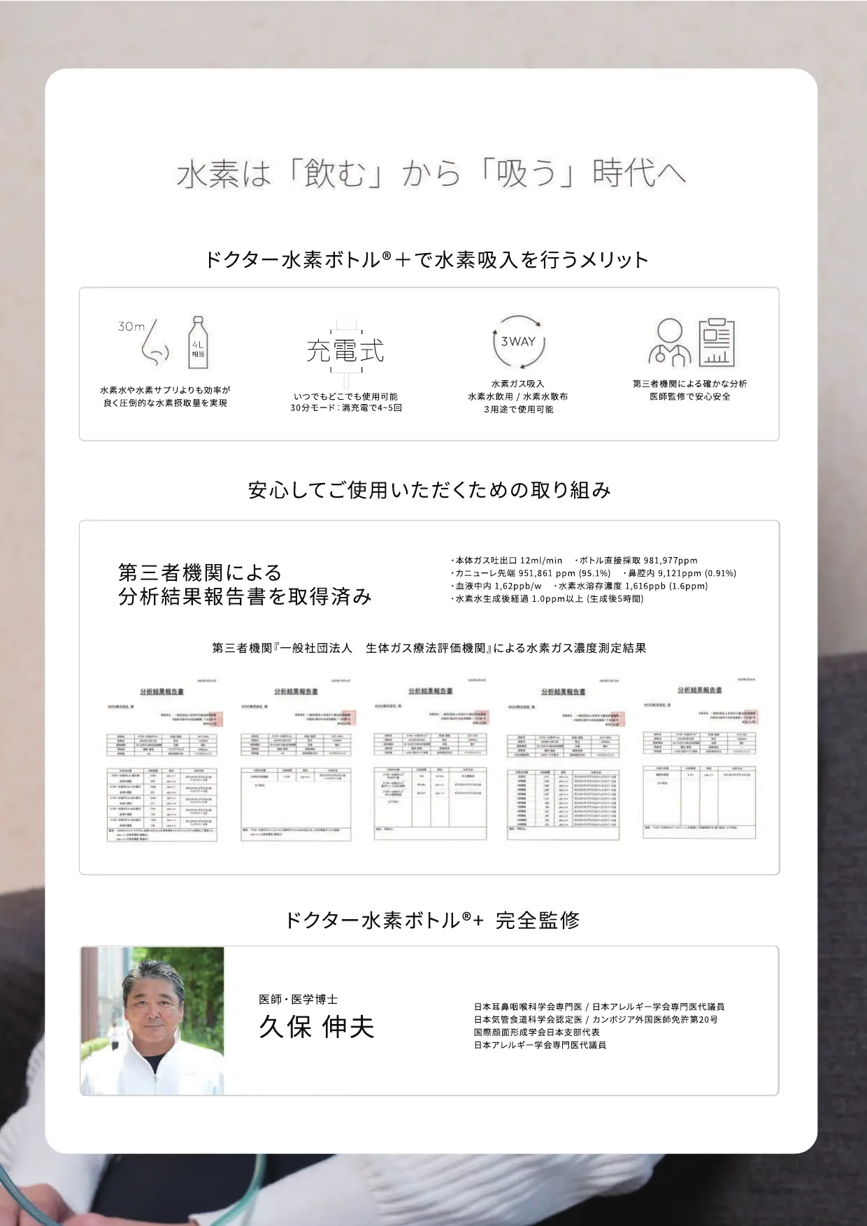 第三者機関分析結果報告書5点の実スキャン画像と医師監修者 久保伸夫氏の写真